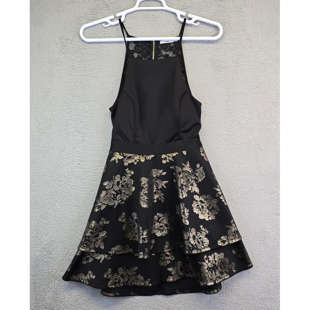 Mi Ami Dress Womens‎ L Black Gold Floral Fit N Flare Keyhole Back Layered Preppy